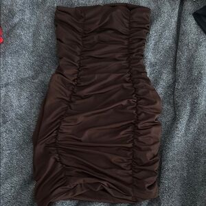 Ruched Brown Strapless Mini Dress